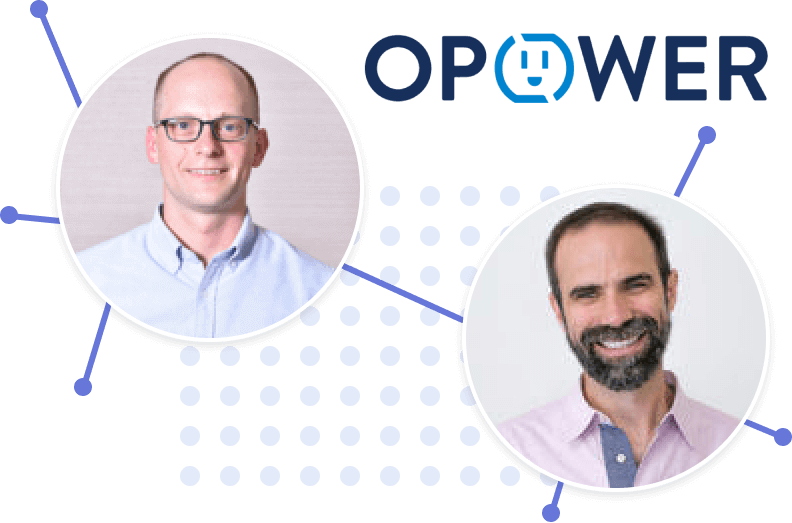 Photos of Joseph Gracia and Marc Laitin with the Opower logo and various dots as design flourishment.